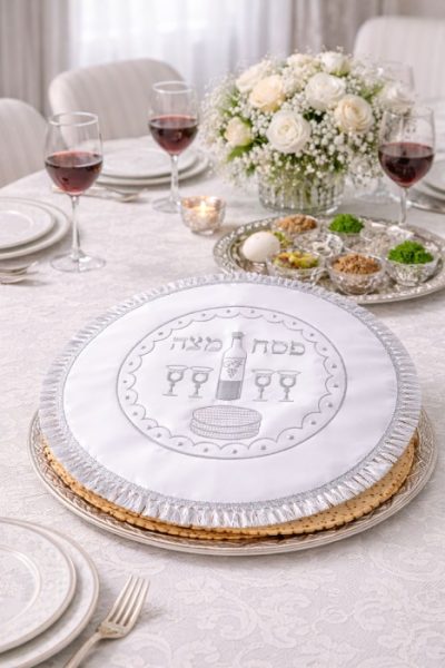 כיסוי מצה סאטן דגם ארבע כוסות כסף עם מצות