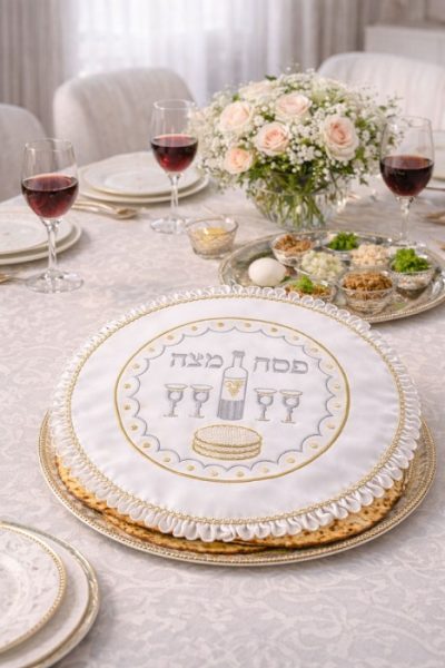 כיסוי מצה סאטן דגם ארבע כוסות זהב