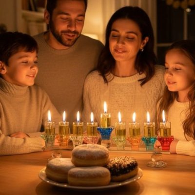 חנוכיית קריסטל שקופה בעיצוב יהלום צבעוני