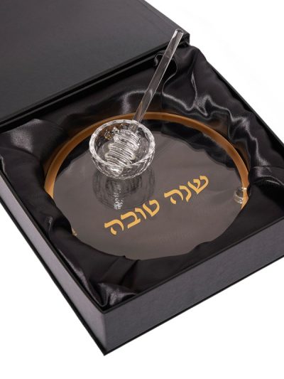 צלחת דבש קריסטל דגם קלאסי זהב עם רודה