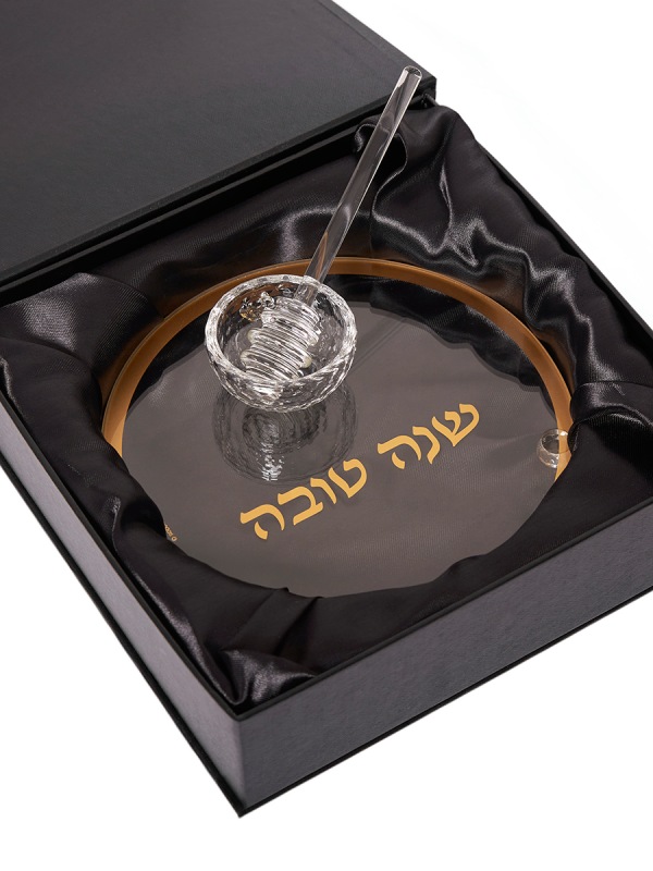 צלחת דבש קריסטל דגם קלאסי זהב עם רודה